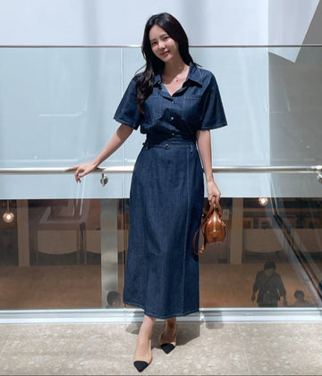 Inkaru denim collar shirt belt H-line skirt set